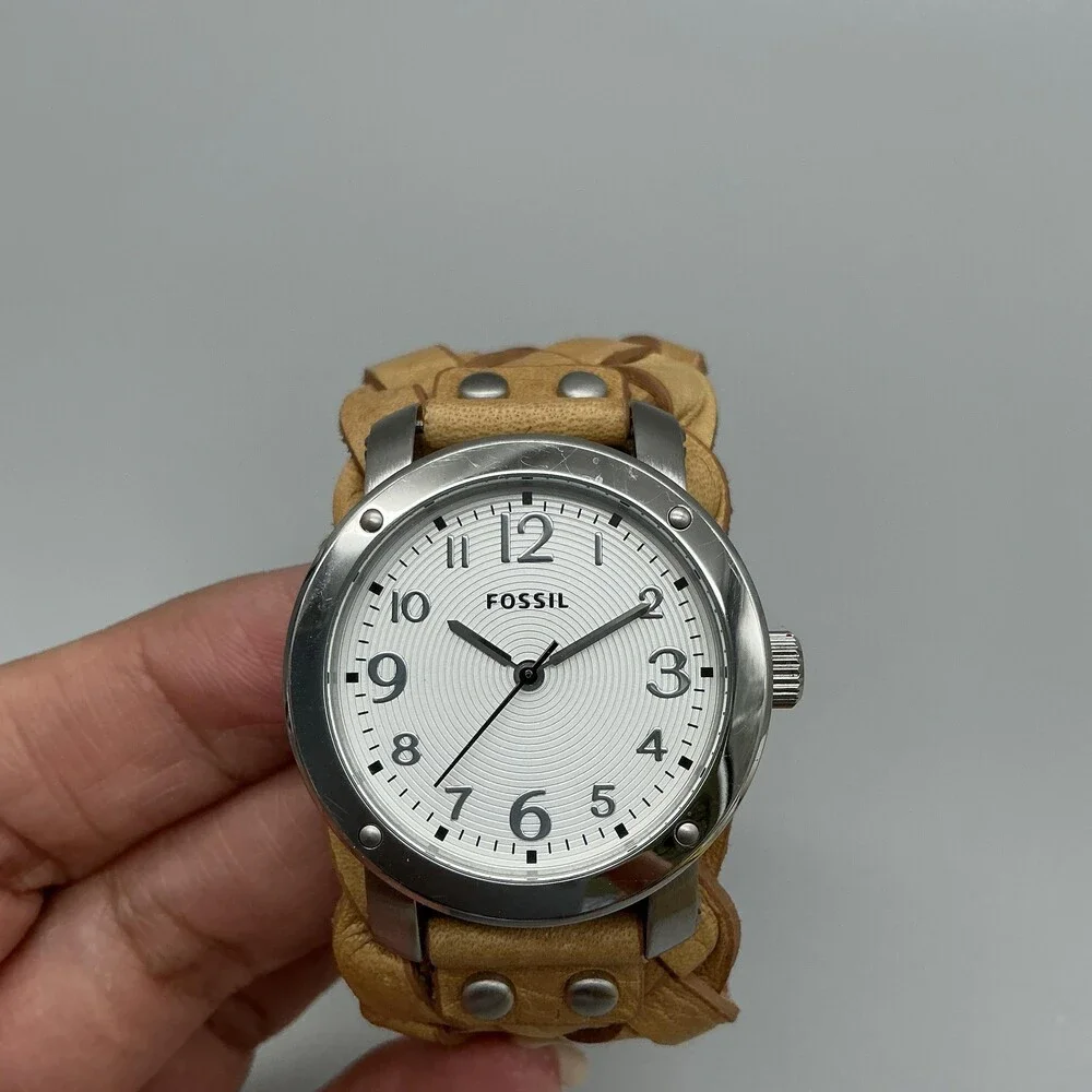 Fossil JR-1292 Mens Watch 34mm White Dial Silver Tone Brown Leather New Battery